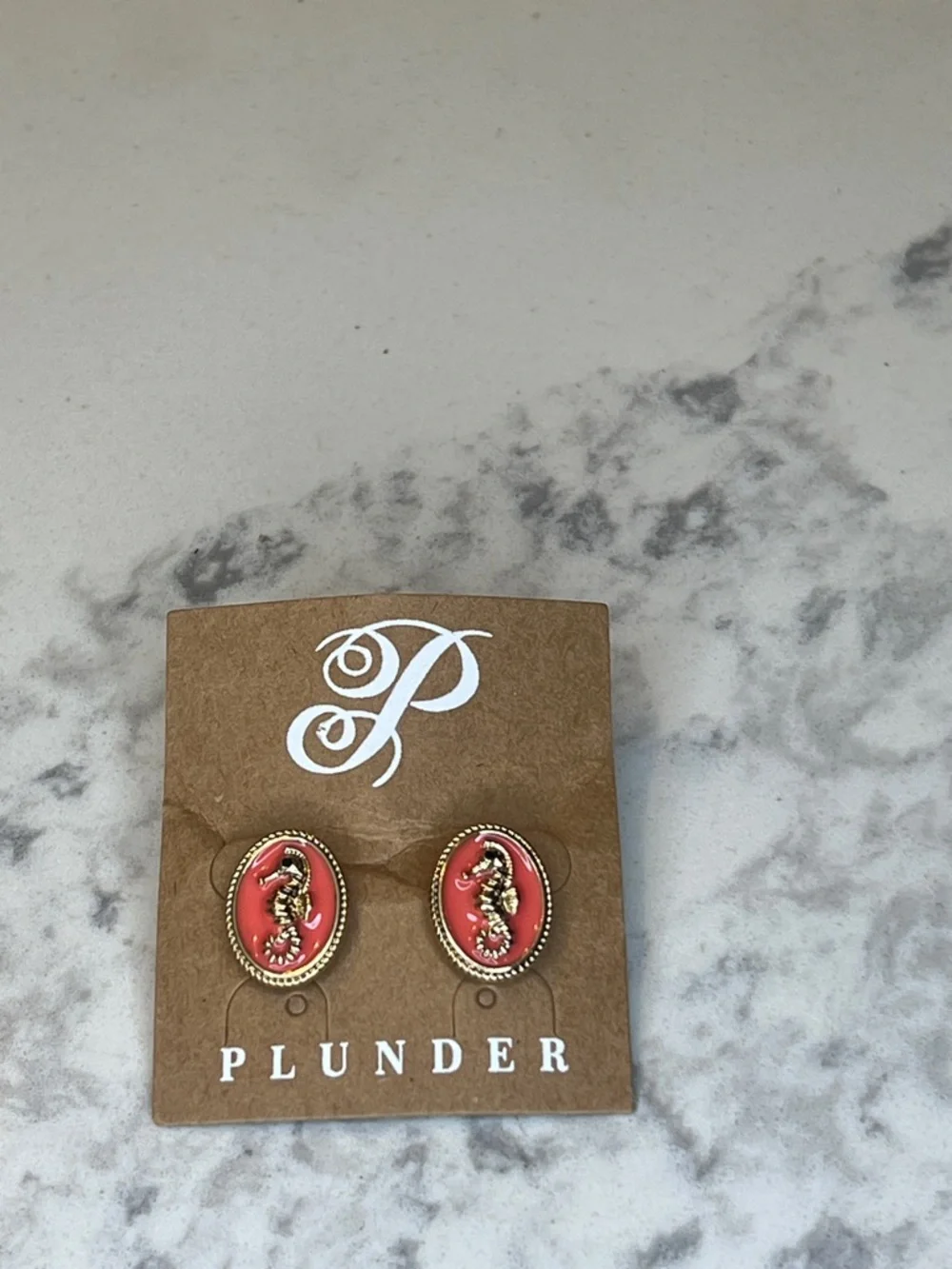 Plunder Pink Coral Seahorse Oval Stud Earrings - Picture 2 of 8